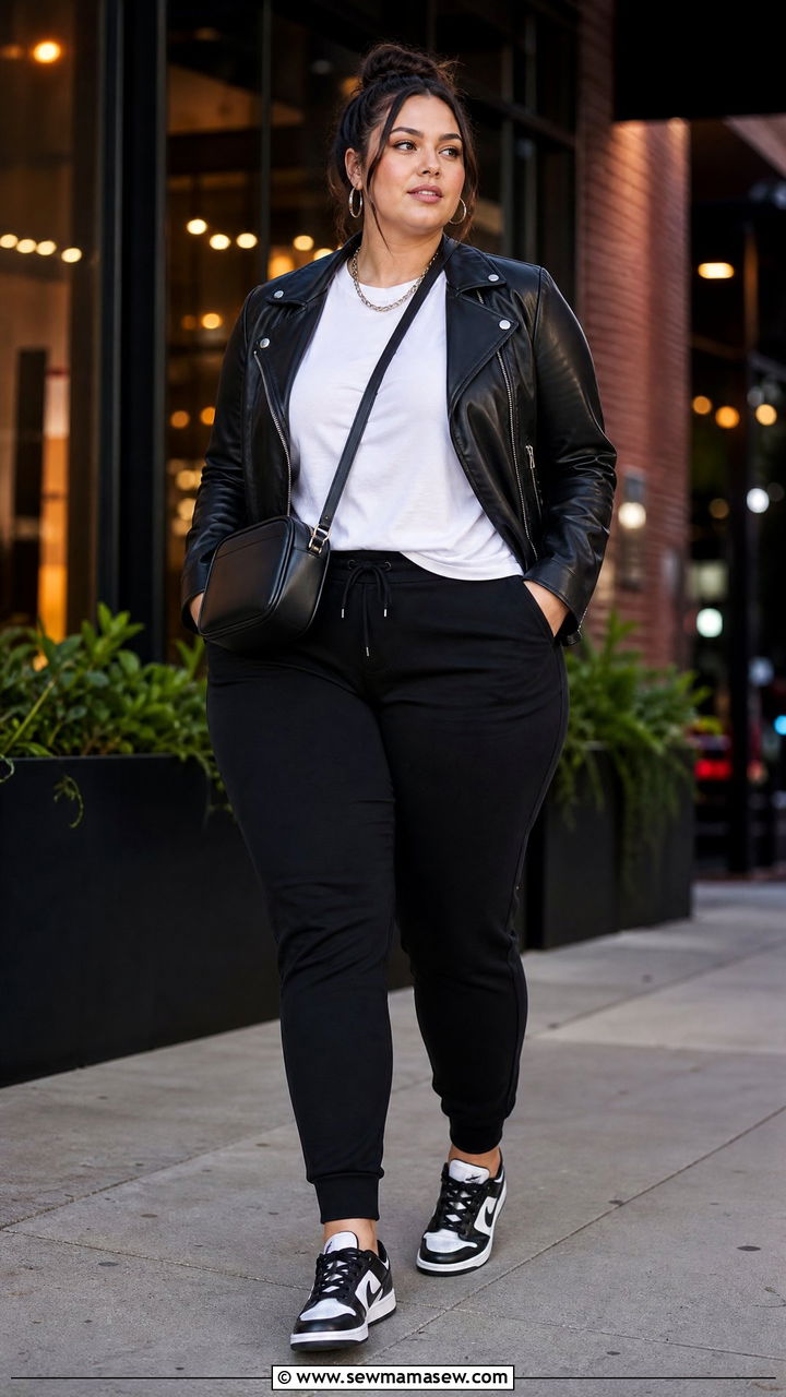 Black leather jacket with a white tee and black joggers - 30 Clean girl outfit ideas plus size