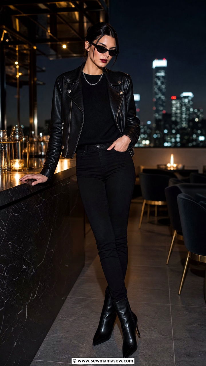 Black leather jacket with black jeans and boots - 35 Kendall Jenner spring outfit ideas