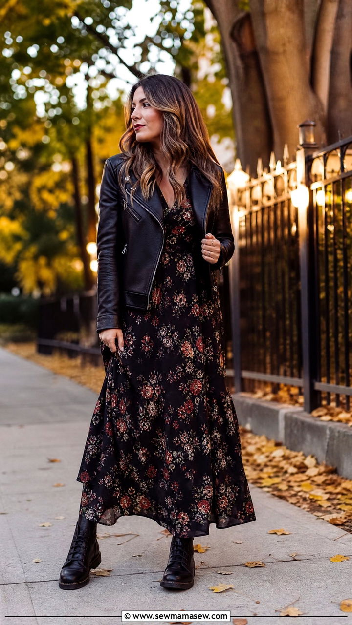 Black leather jacket with dark floral maxi dress and combat boots - 30 Maxi dress outfit ideas with a jacket