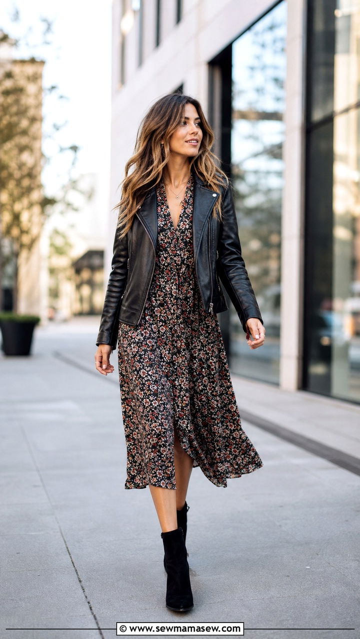 Black leather jacket with floral midi dress and ankle boots outfit - 40 New job outfit ideas