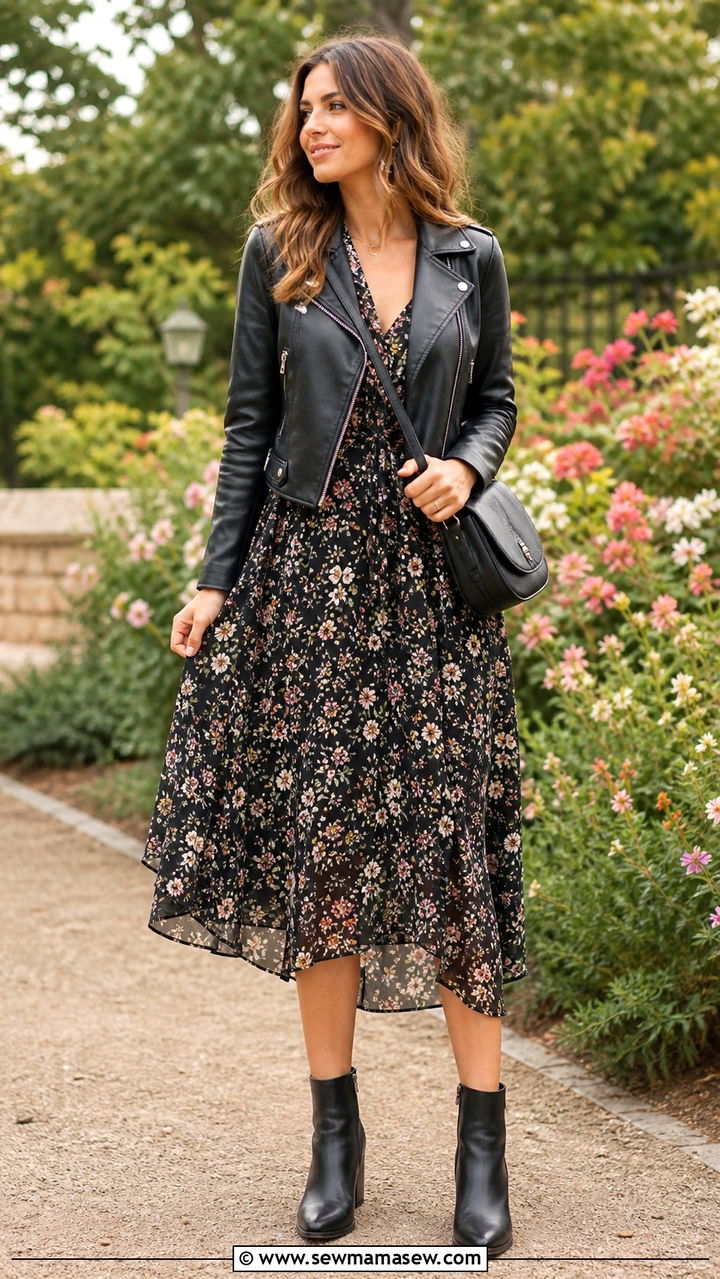 Black leather jacket with floral midi dress and ankle boots - 40 leather jacket outfit ideas