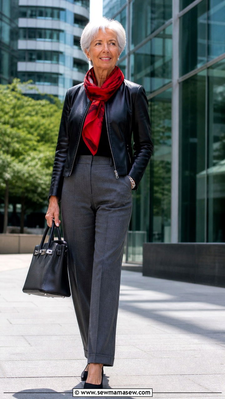 Black leather jacket with grey trousers and bold scarf - 20 Christine Lagarde style outfit ideas