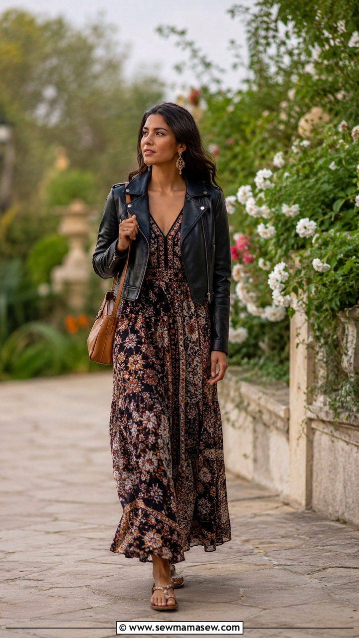 Black leather jacket with maxi dress - 30 Spring outfits with leather jackets