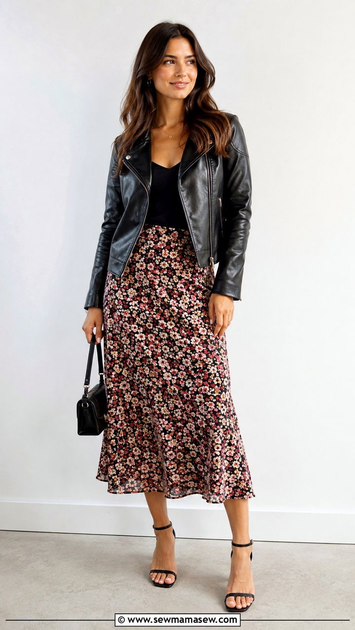 Black leather jacket with printed midi skirt - 30 Spring outfits with leather jackets