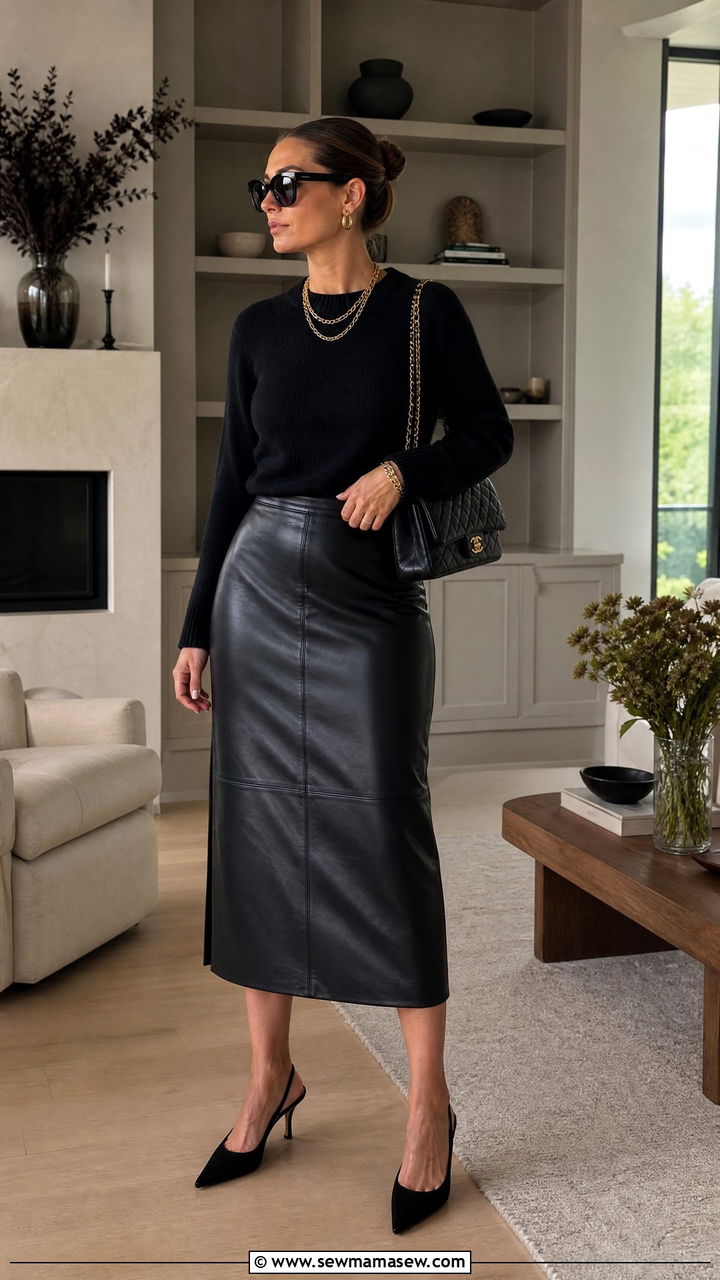 Black leather midi skirt with cashmere sweater - 35 Mob wife outfit ideas