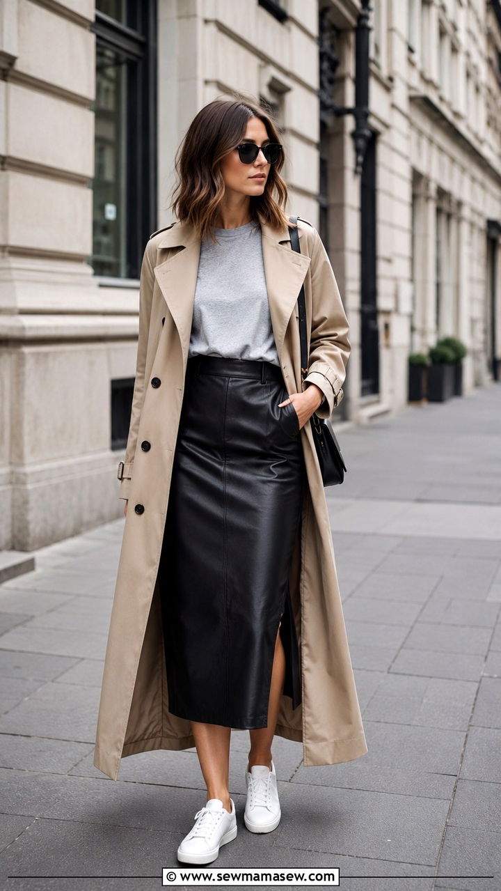 Black leather midi skirt with gray tee and trench coat - 30 Leather skirt outfit ideas with a tee