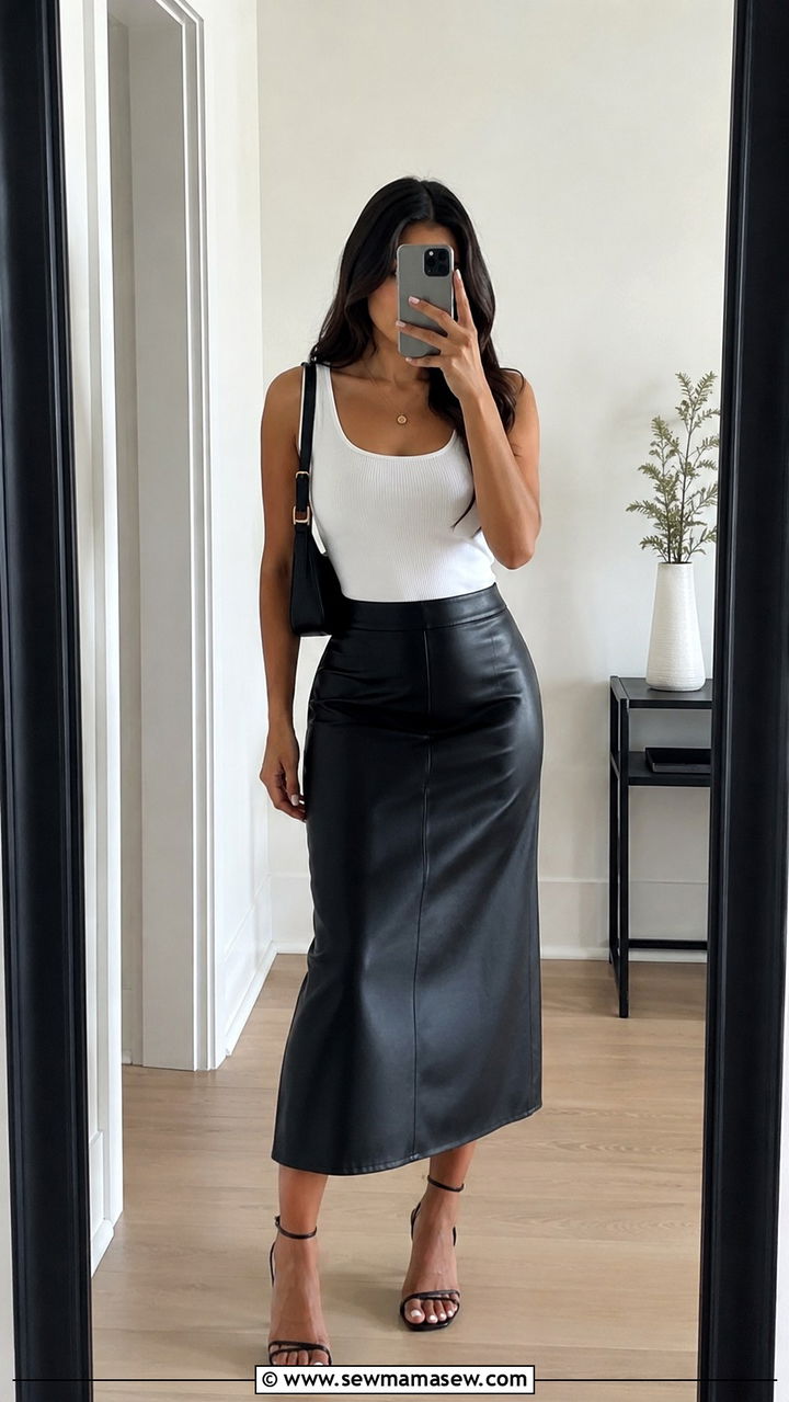 Black leather midi skirt with white tank top and strappy heels - 30 Leather skirt outfit ideas for summer
