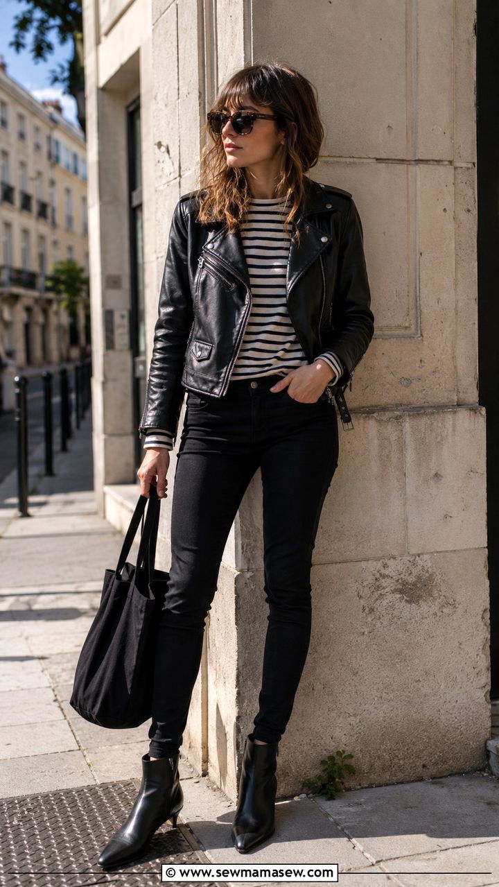 Black leather moto jacket and striped tee - 20 French girl outfit ideas Lea Seydoux