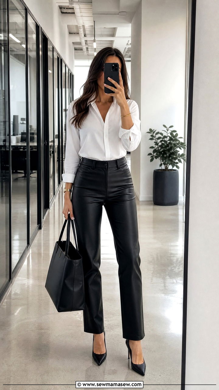 Black leather pants with white button down shirt - 25 Leather pants outfit ideas for work