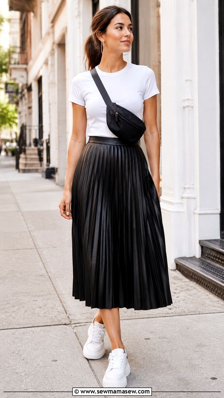 Black leather pleated midi skirt with tucked tee and platform sneakers - 30 Leather skirt outfit ideas for summer