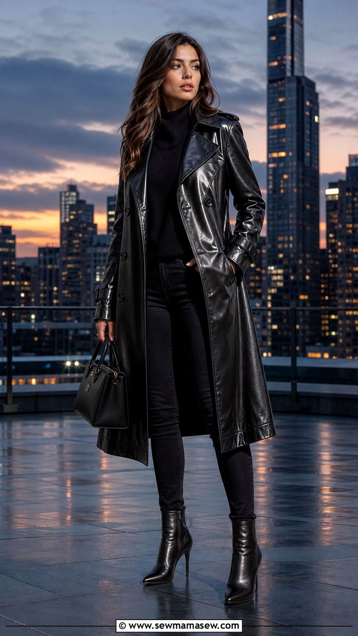 Black leather trench coat with black boots - 35 black outfit ideas for women