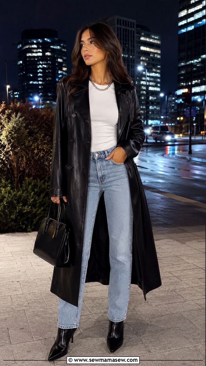 Black leather trench coat with denim - 30 How to style a trench coat in spring