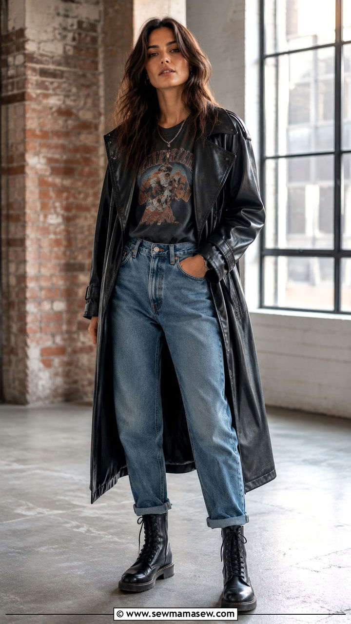 Black leather trench coat with graphic tee and mom jeans - 25 Black trench coat outfit ideas with jeans
