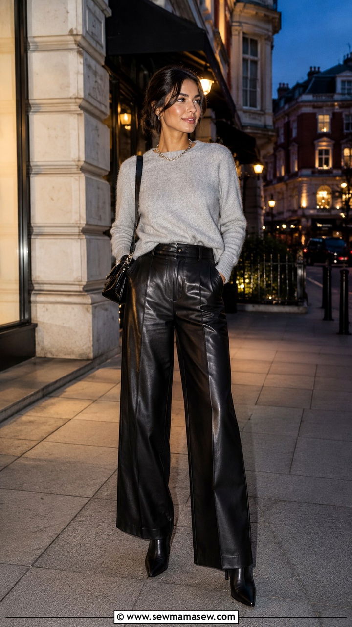 Black leather wide leg pants with gray cashmere sweater - 25 Petite wide leg pants outfit ideas