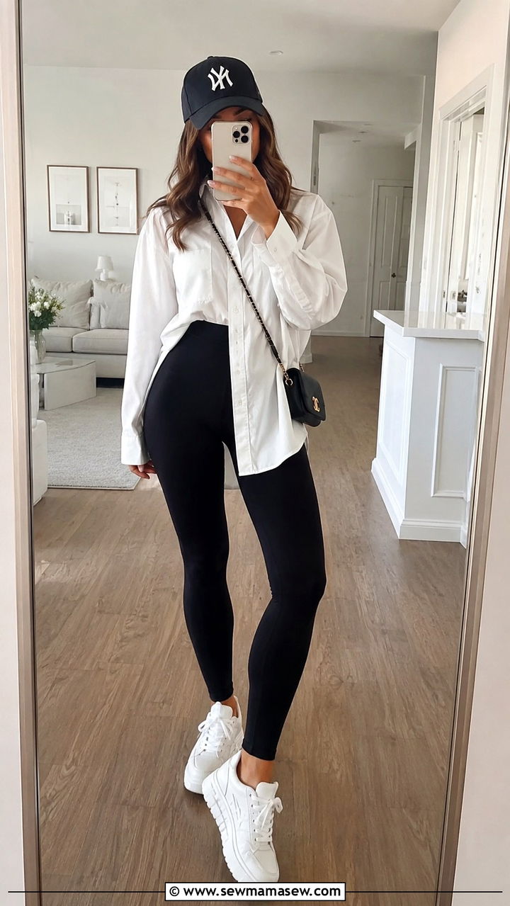 Black leggings and white button down outfit - 30 casual sporty chic outfits
