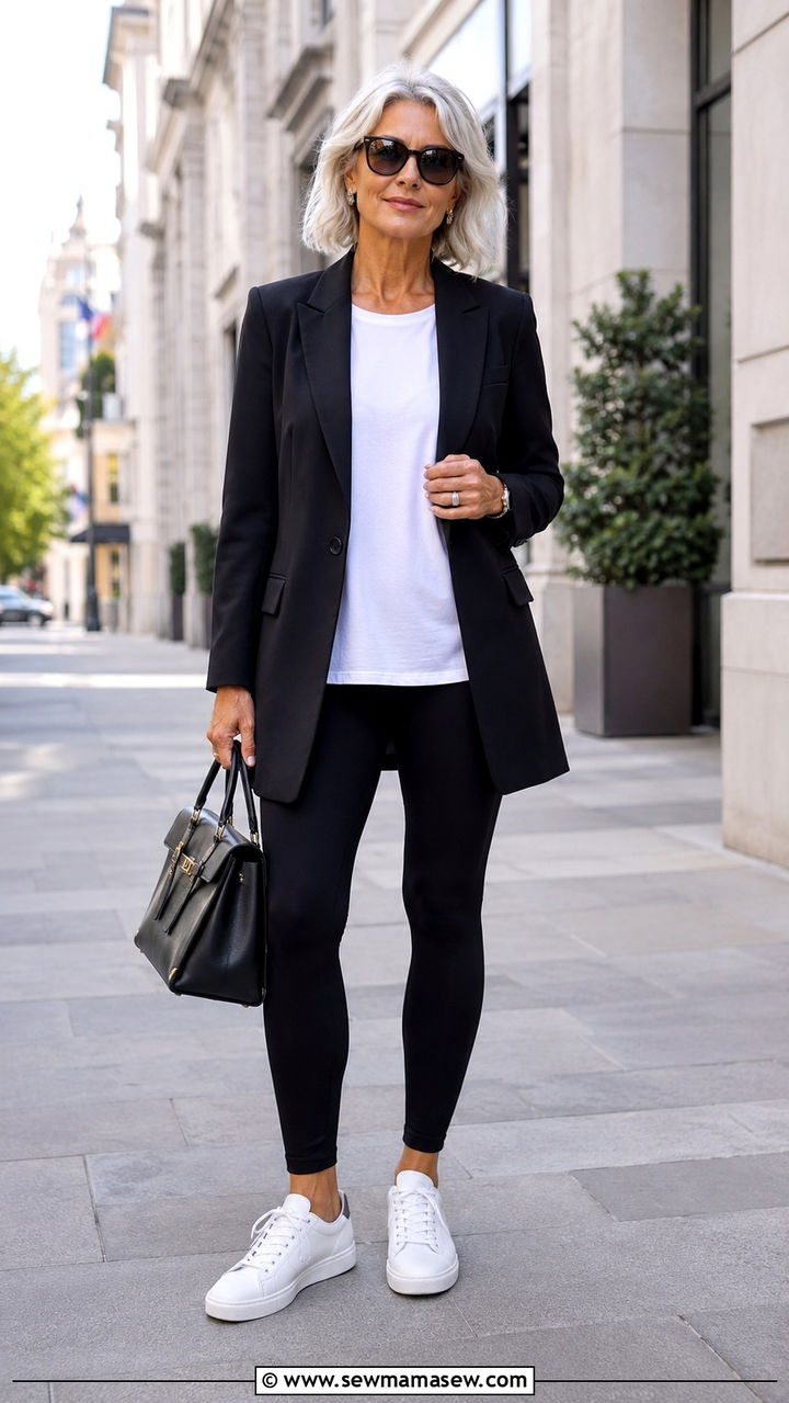 Black leggings with a longline blazer and white tee - 25 Athleisure outfit ideas for women over 50
