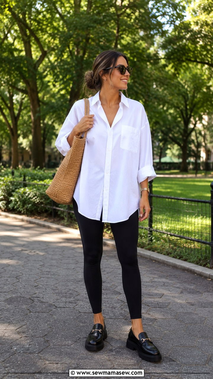 Black leggings with a white button down shirt and loafers - 30 How to style leggings