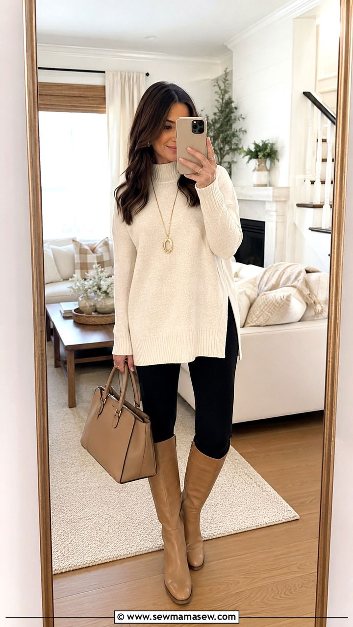 Black leggings with an oversized tunic sweater and knee high boots - 25 Petite outfit ideas for moms