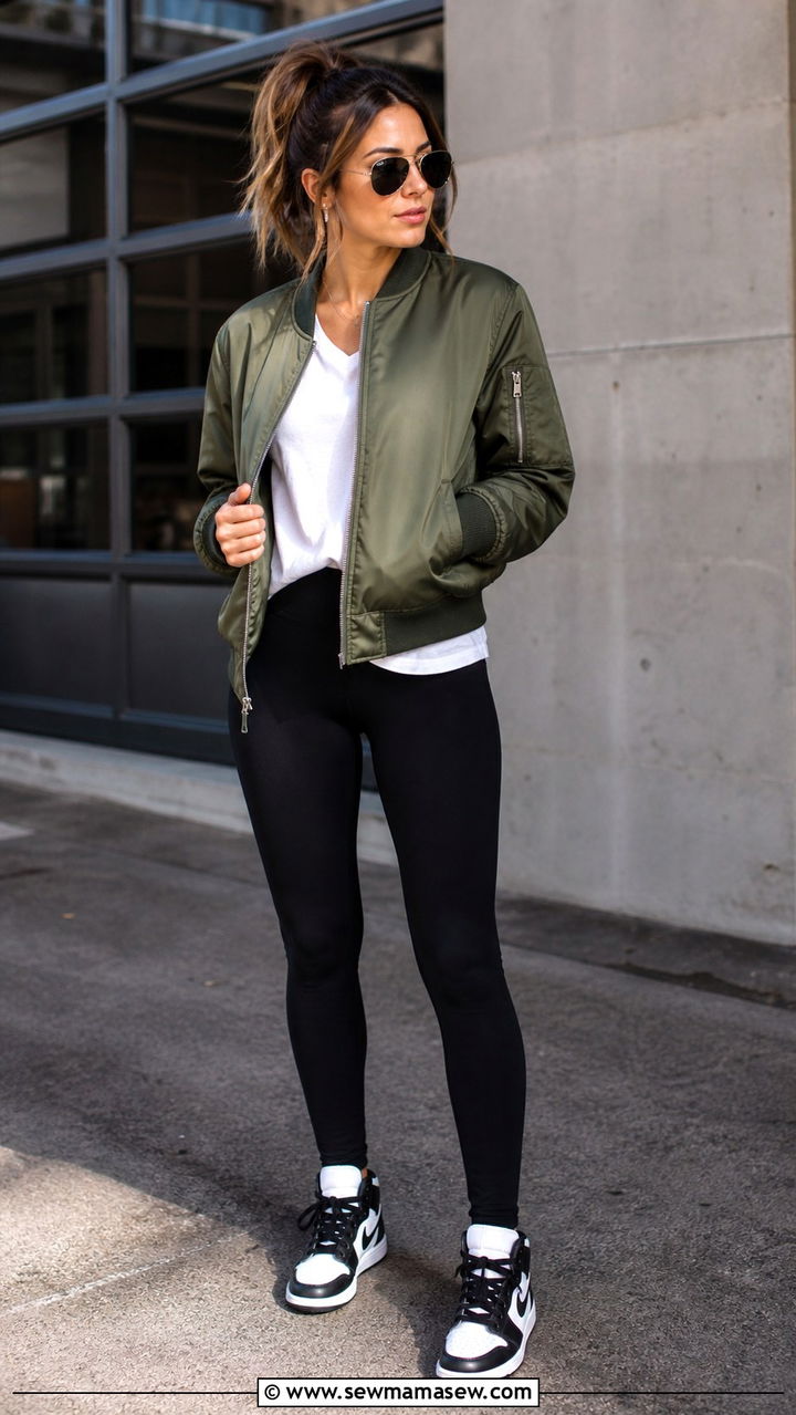 Black leggings with bomber jacket and high top sneakers - 40 leggings outfit ideas for women