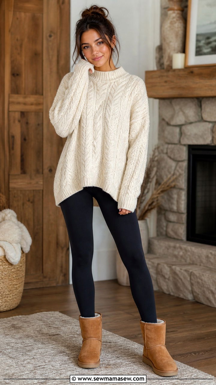Black leggings with cable knit sweater and Ugg boots - 40 leggings outfit ideas for women