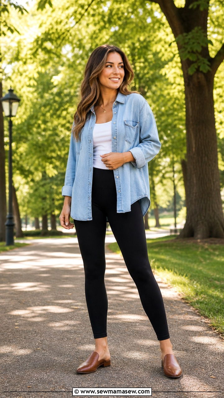 Black leggings with denim shirt and mules - 40 leggings outfit ideas for women