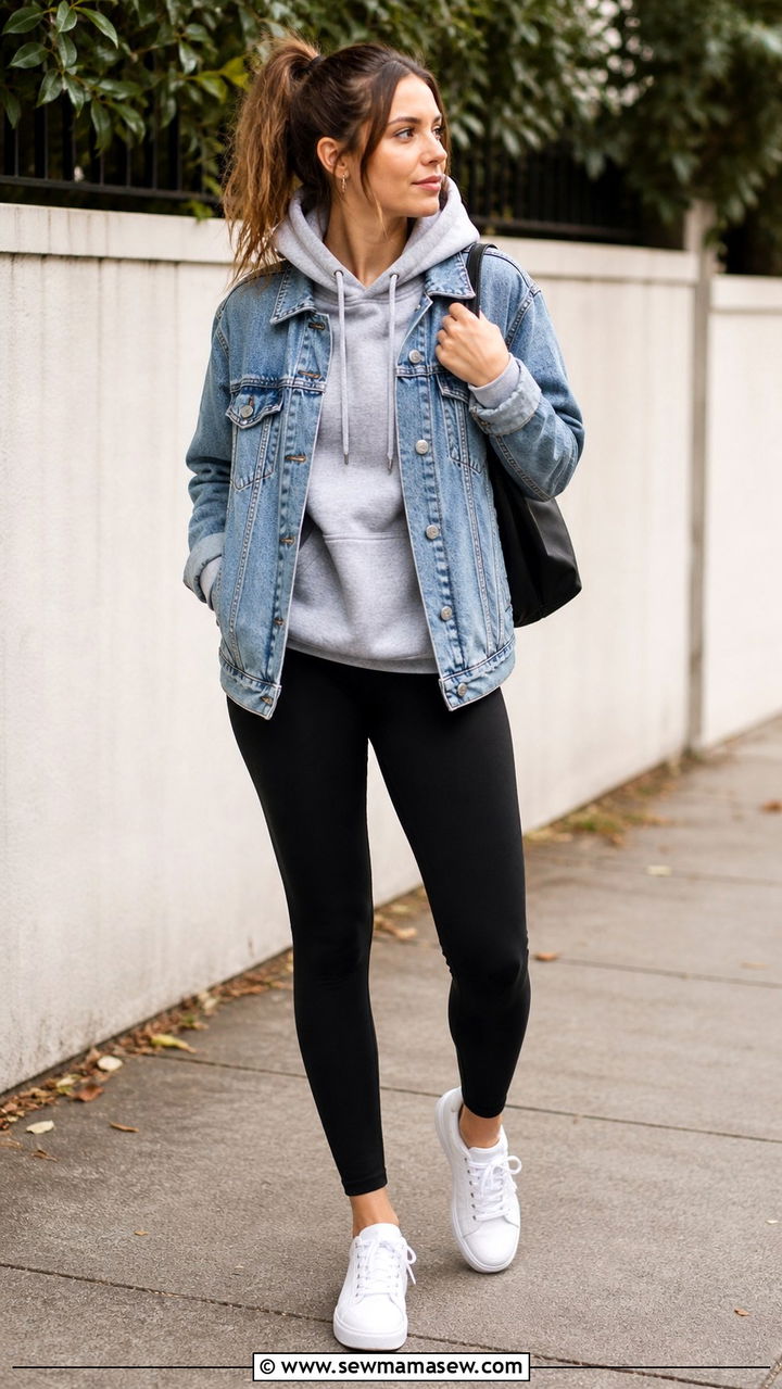 Black leggings with hoodie and denim jacket - 40 leggings outfit ideas for women