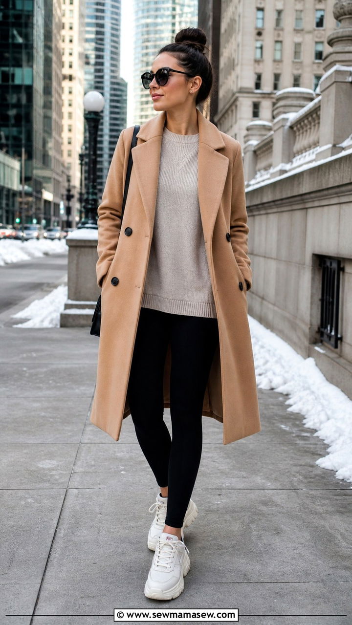 Black leggings with long coat and chunky sneakers - 40 leggings outfit ideas for women