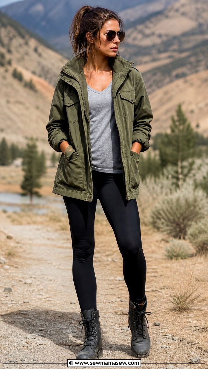 Black leggings with military jacket and combat boots - 40 leggings outfit ideas for women