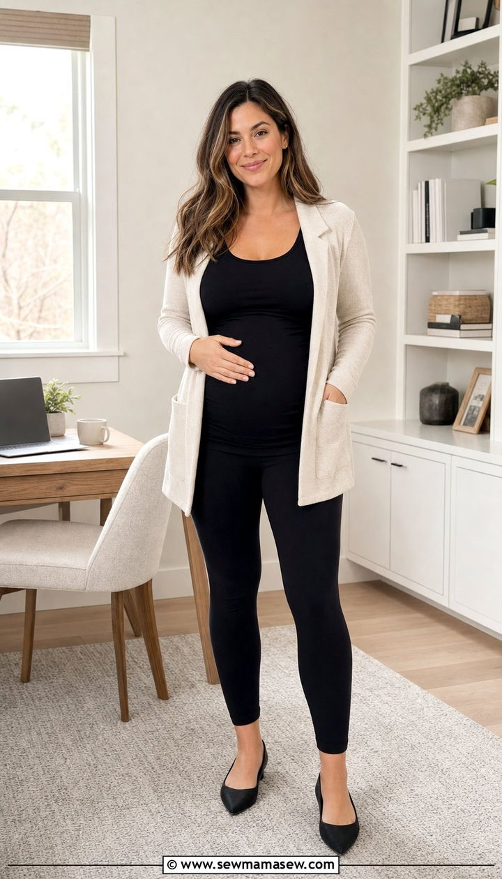 Black leggings with nursing tank and blazer style cardigan - 25 spring outfits for postpartum moms