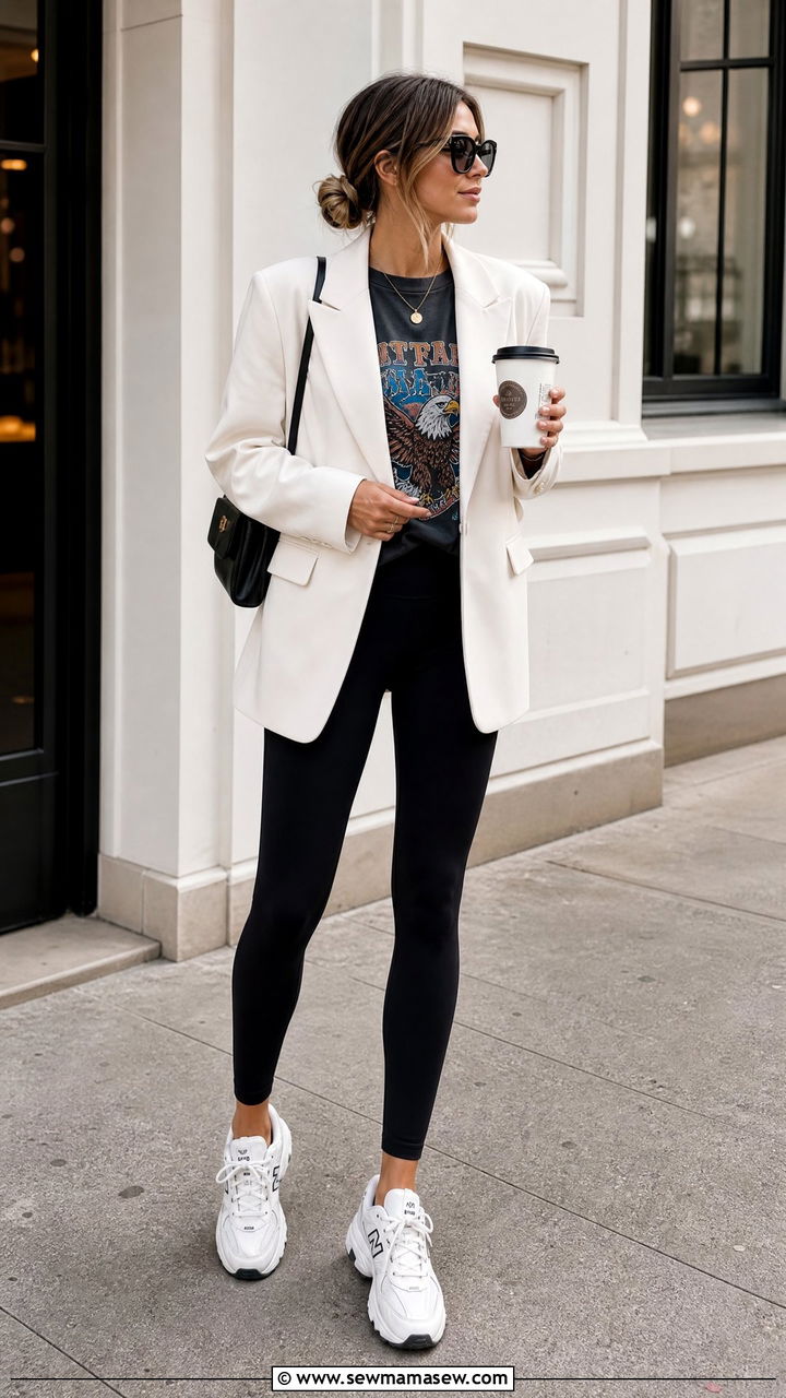 Black leggings with oversized blazer and graphic tee - 25 Spring outfits with leggings