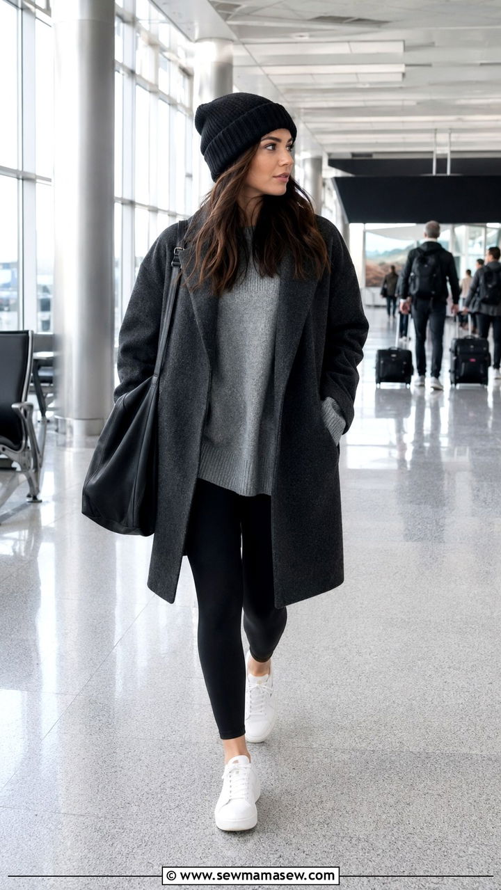 Black leggings with oversized coat and sneakers - 30 casual airport outfits