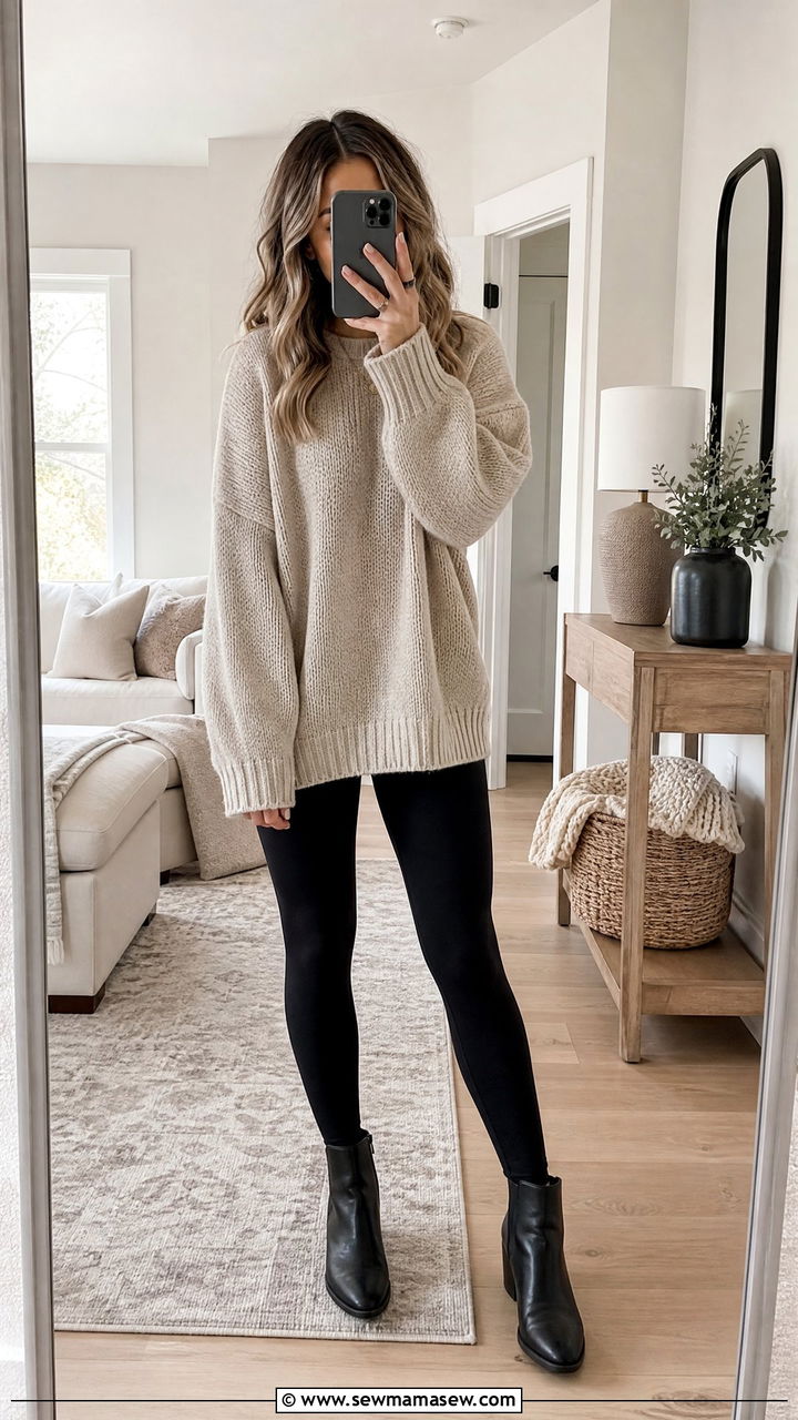 Black leggings with oversized sweater and ankle boots - 25 Spring outfits with leggings
