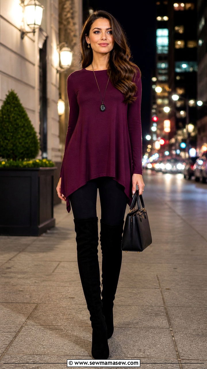 Black leggings with tunic and over the knee boots - 40 leggings outfit ideas for women