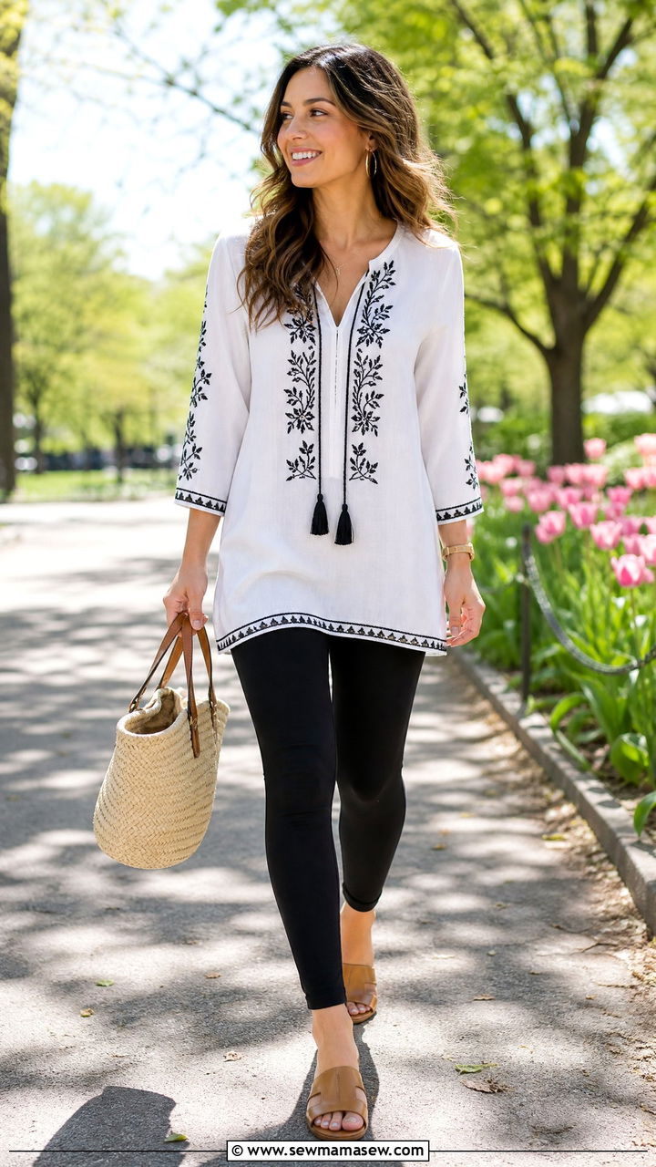 Black leggings with tunic top and sandals - 25 Spring outfits with leggings