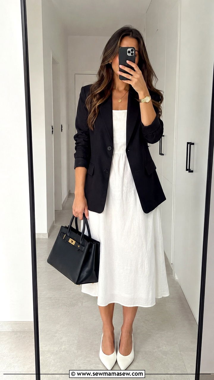 Black linen blazer with white midi dress - 30 Linen blazer outfit ideas with a dress