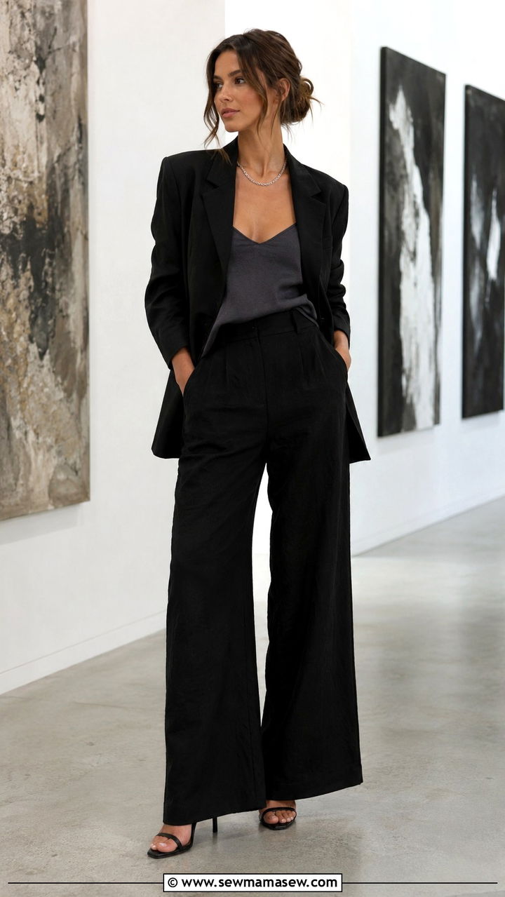 Black linen blazer with wide leg black pants outfit - 25 Wide leg linen pants outfit ideas with a blazer