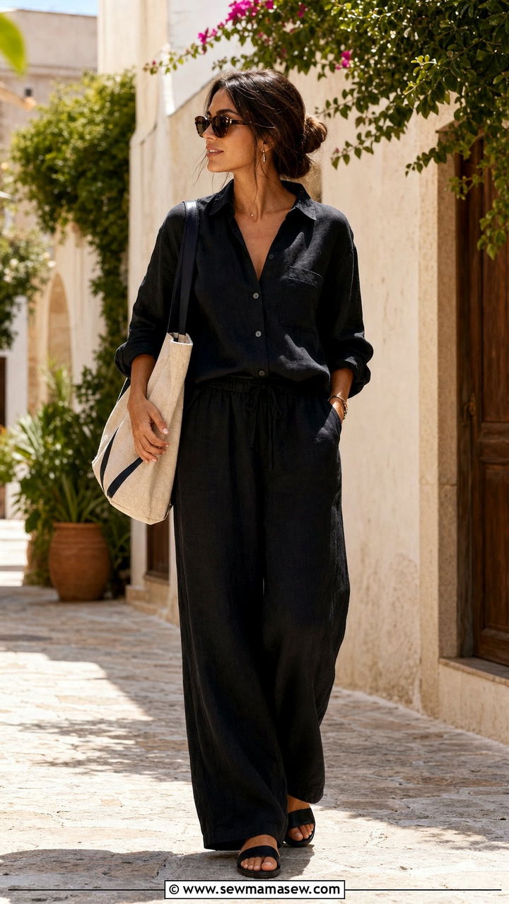 Black linen shirt with black linen pants - 35 black outfit ideas for women