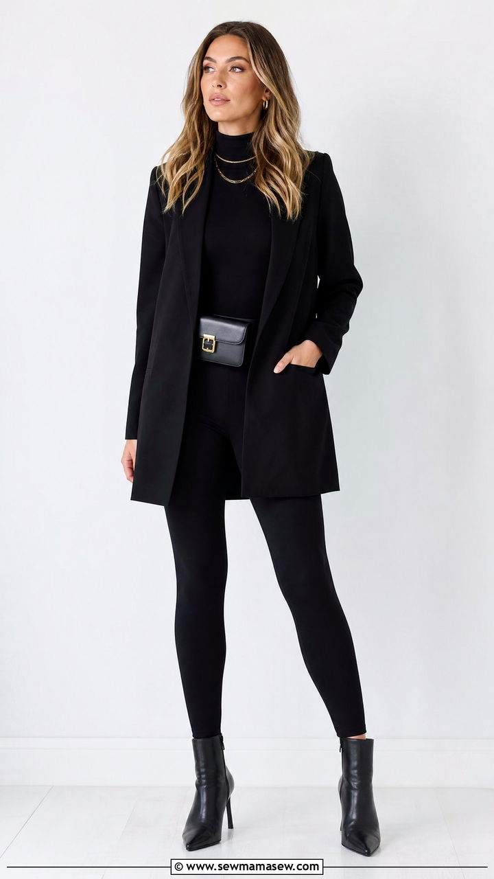 Black longline blazer over a belt bag and leggings - 30 Real estate agent outfit ideas