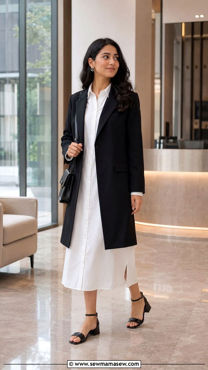 Black longline blazer with a white midi shirtdress - 30 modest job interview outfit ideas