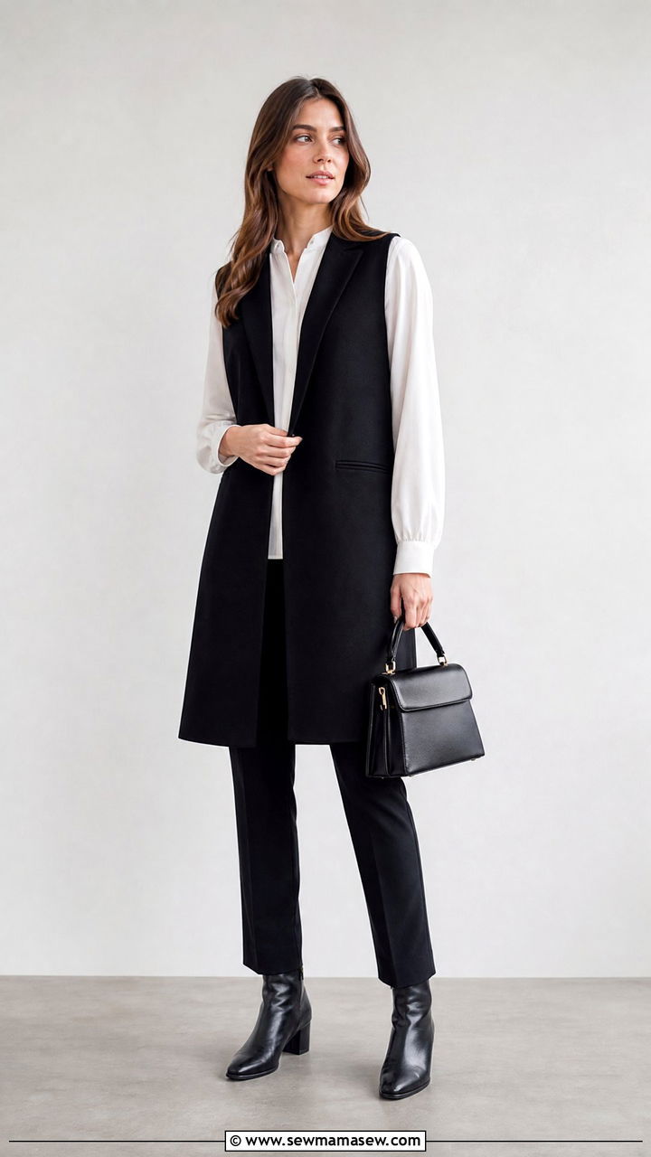 Black longline vest with slim pants - 35 Funeral outfit ideas for women