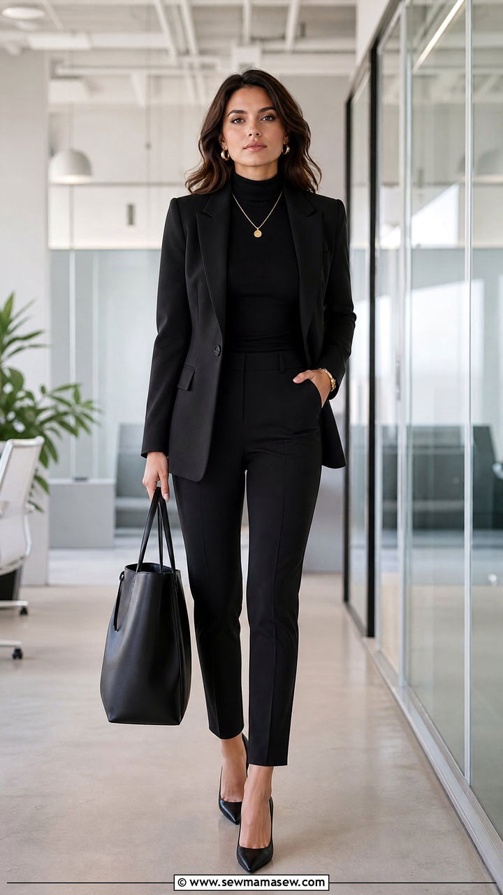 Black matching blazer and trousers work set - 30 Matching set outfit ideas for office