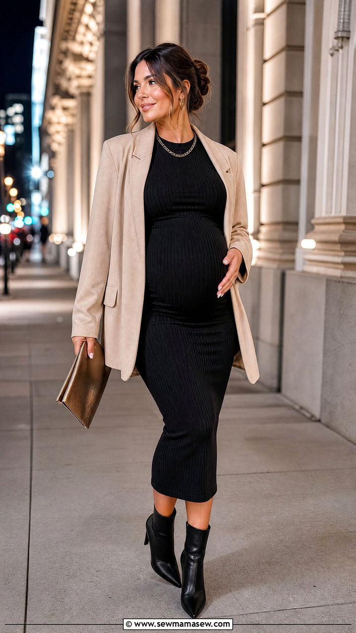 Black maternity bodycon dress with ankle boots - 20 Maternity outfit ideas 2026