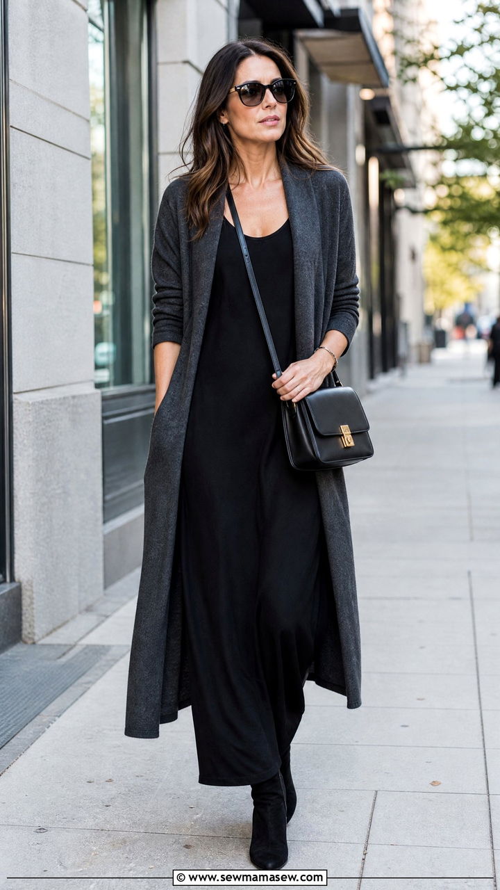 Black maxi dress and long cardigan outfit - 30 Maxi dress outfit ideas with a cardigan