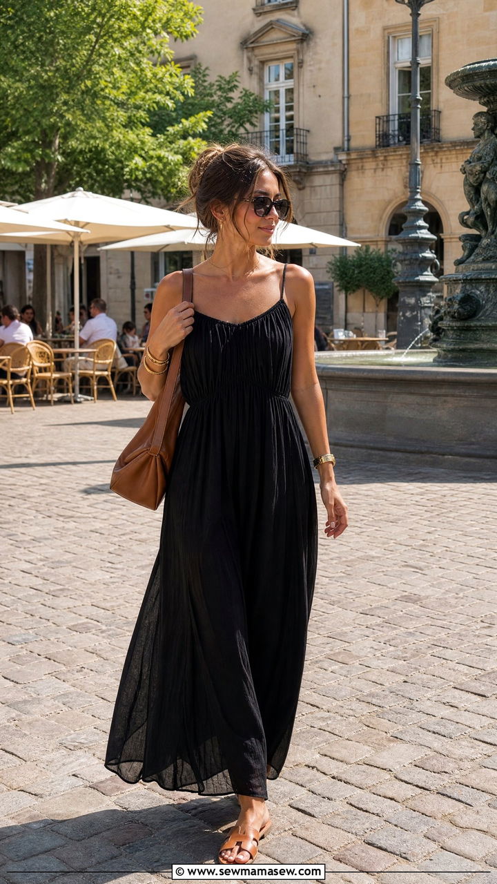 Black maxi dress brown bag sandals - 30 French girl outfit ideas for brunch