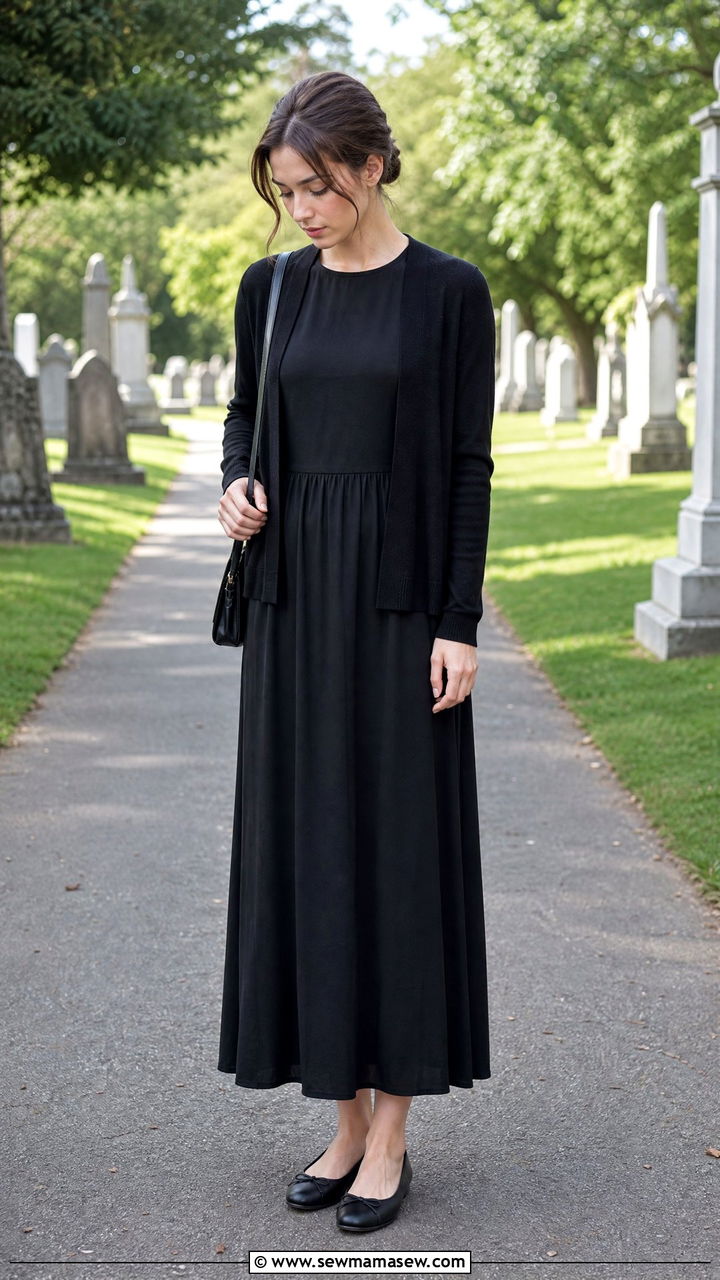 Black maxi dress with cardigan - 35 Funeral outfit ideas for women