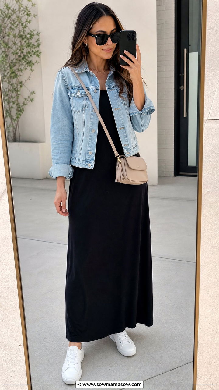 Black maxi dress with denim jacket outfit - 30 Maxi dress outfit ideas with a denim jacket