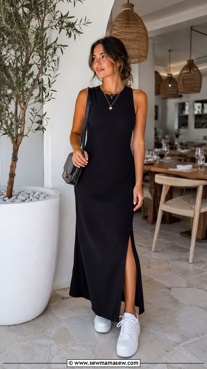 Black maxi dress with platform sneakers - 30 Maxi dress with sneakers outfit ideas