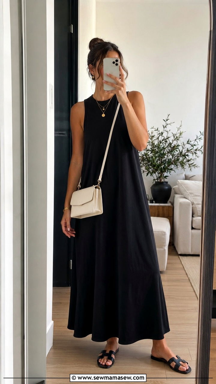 Black maxi dress with slide sandals outfit - 30 Maxi dress with sandals outfit ideas