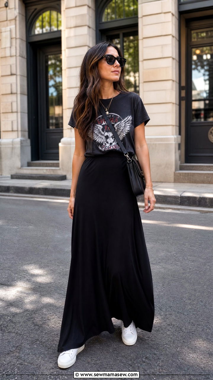 Black maxi skirt with graphic tee - 25 chic maxi skirt outfit ideas