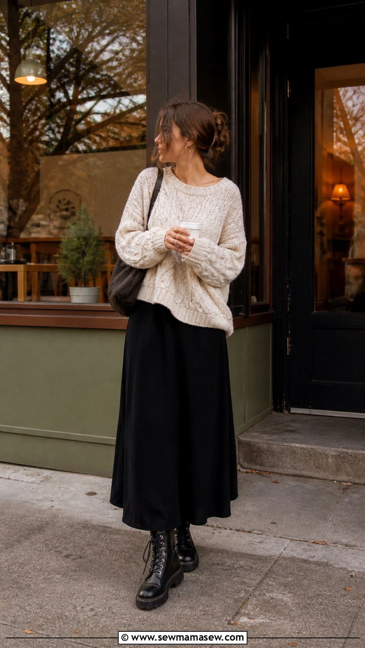 Black maxi skirt with oversized sweater and combat boots - 40 maxi skirt outfits